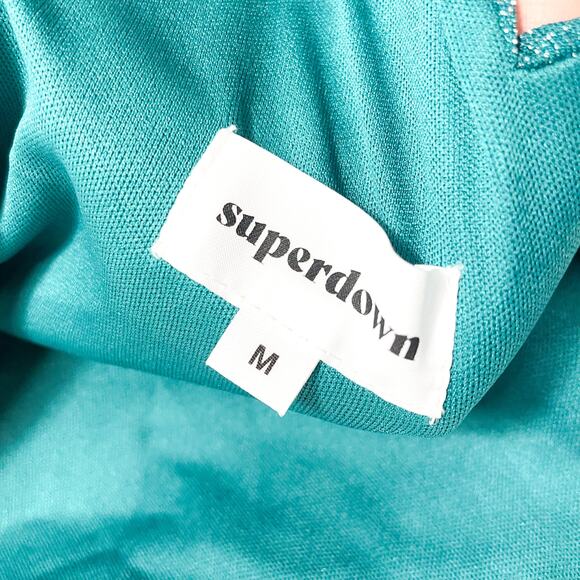 Superdown Jayden Mini Dress Blue‎ Shimmer Asymmetrical One Shoulder Jersey Sz M - Picture 11 of 12